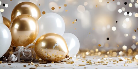 holiday background with golden and white metallic balloons, generative AI - obrazy, fototapety, plakaty