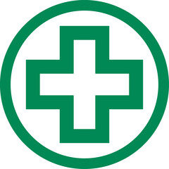 Obraz premium Cross in Circle Round Symbol First Aid Kit Emergency Healthcare Green Sign Icon. Vector Image.