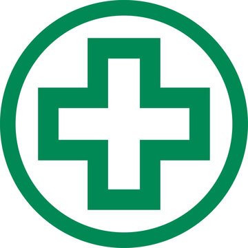 Cross in Circle Round Symbol First Aid Kit Emergency Healthcare Green Sign Icon. Vector Image.
