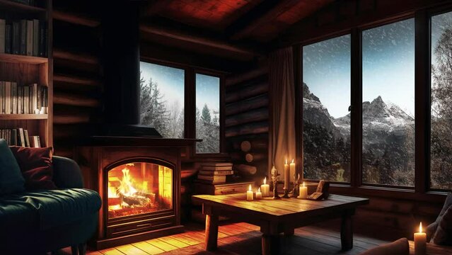 Cozy Wood Cabin Winter Scene with Crackling Fireplace, Candles and Snow Falling Ambience -Seamless Loop