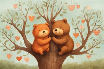 adorable bears in tree, wooden heart, lovely illustration. Generative AI