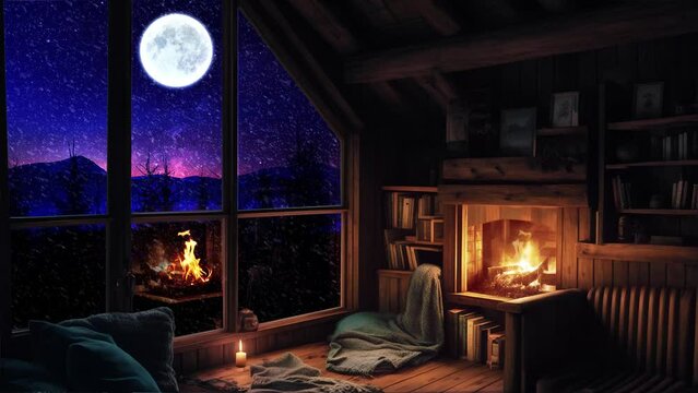 Cozy Wood Cabin Night Scene with Crackling Fireplace, Candles and Snow Falling Ambience -Seamless Loop