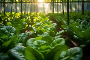 Fresh, organic romaine lettuce growing in clean, beautiful greenhouse farm vegetable plots. Generative AI