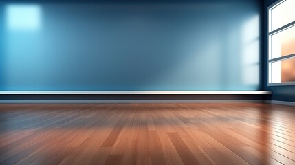 Blue empty wall and wooden floor with interest UHD wallpaper Stock Photographic Image