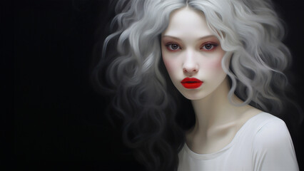 Illustration of a platinum blond with extremely pale skin posing against a black background. Room for copy. 