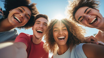 Fototapeta premium Friends of different backgrounds caught in a genuine moment of laughter, shooting a spontaneous group selfie. Extreme High-Angle