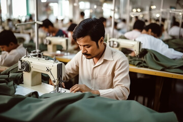 Asian sewing worker male workers in textile factory busy sewing with industrial sewing machines