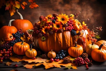 Naklejka na ściany i meble halloween pumpkins and autumn leaves