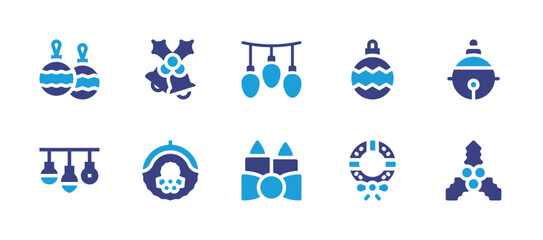 Christmas decoration icon set. Duotone color. Vector illustration. Containing christmas wreath, bells, bauble, light bulb, jingle bell, lights, candles, mistletoe.