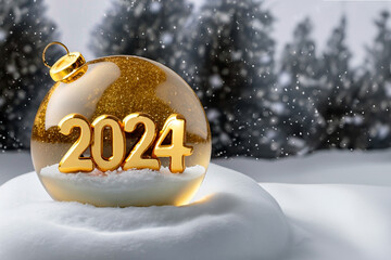 2024 golden 3D type inside a glass sphere with decorations on snow in a Christmas atmosphere.