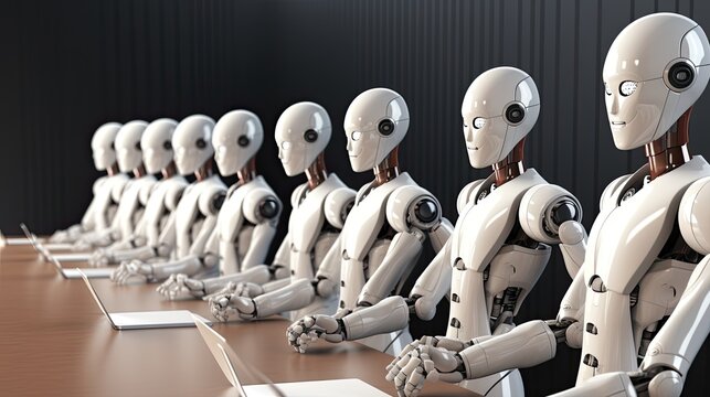 AI-generated illustration of a lineup of identical robots in an office setting. MidJourney.
