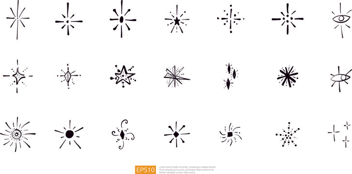 Line glitter stars silhouette doodle hand drawn vector collection set. Firework sparkle light shine icons. Decoration flash magic flicker symbol isolated on white background