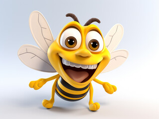 A 3D Cartoon Bee Laughing and Happy on a Solid Background