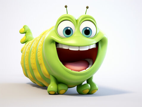 A 3D Cartoon Caterpillar Laughing and Happy on a Solid Background