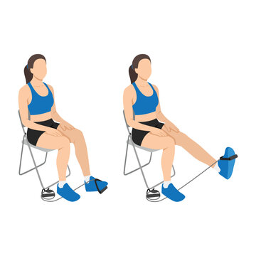 Woman doing Resistance band seated leg extensions exercise. Flat vector illustration isolated on white background