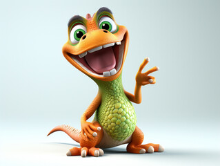 A 3D Cartoon Lizard Laughing and Happy on a Solid Background