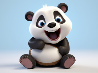 A 3D Cartoon Panda Laughing and Happy on a Solid Background