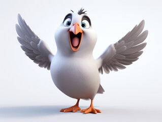 A 3D Cartoon Pigeon Laughing and Happy on a Solid Background