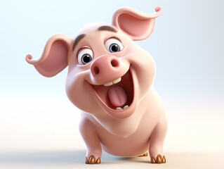 A 3D Cartoon Pig Laughing and Happy on a Solid Background