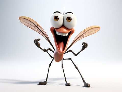 A 3D Cartoon Mosquito Laughing and Happy on a Solid Background