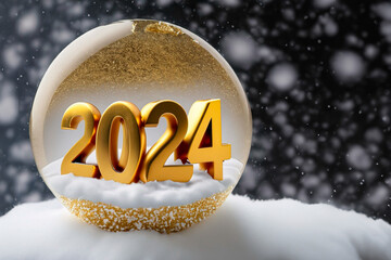 2024 golden 3D type inside a glass sphere with decorations on snow in a Christmas atmosphere.