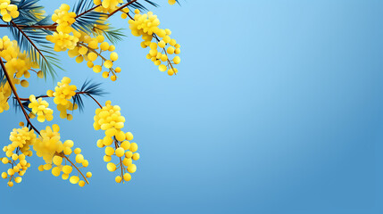Blue banner with mimosa branch for spring holidays on blu background