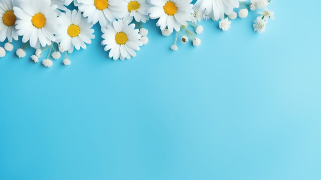 simple background design with chamomiles frame and copy space with blight blue background
