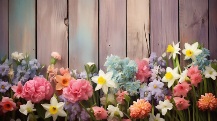 Fototapeta na wymiar garden flowers over wood spring background. simple design