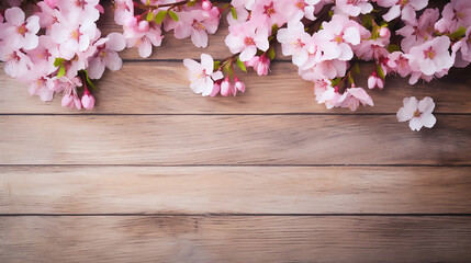 Fototapeta na wymiar spring background design with spring display pink blossom on wooden table.