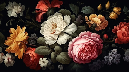 beautiful floral background with vintage bouquet of beautiful flowers on black background