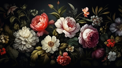 beautiful floral background with vintage bouquet of beautiful flowers on black background