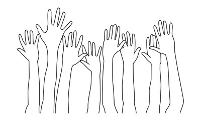 Shot of a group of hands reaching up against  line art vector.