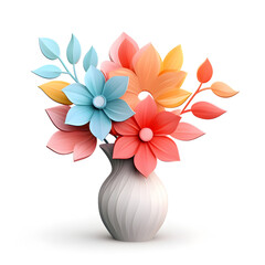 3d render, vase with colorful paper flowers, isolated on white background