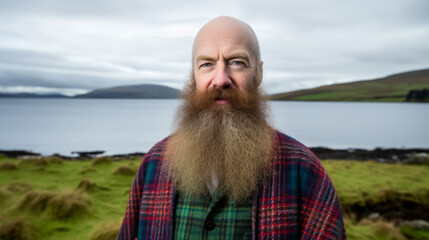 Bald man with a long beard standing in front of a lake, wearing a red and blue plaid jacket