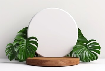 3D podium wood display white background with green monstera palm leaf