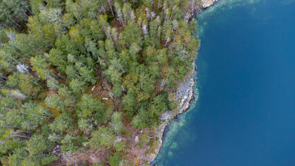 Top down view of forest stretching to the edge of a small island. Taken over Madeira Park, Sunshine Coast 
