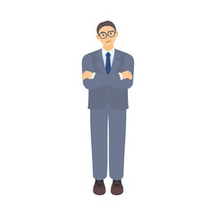 考える中年男性会社員。フラットなベクターイラスト。 A thinking middle-aged male office worker. Flat designed vector illustration.