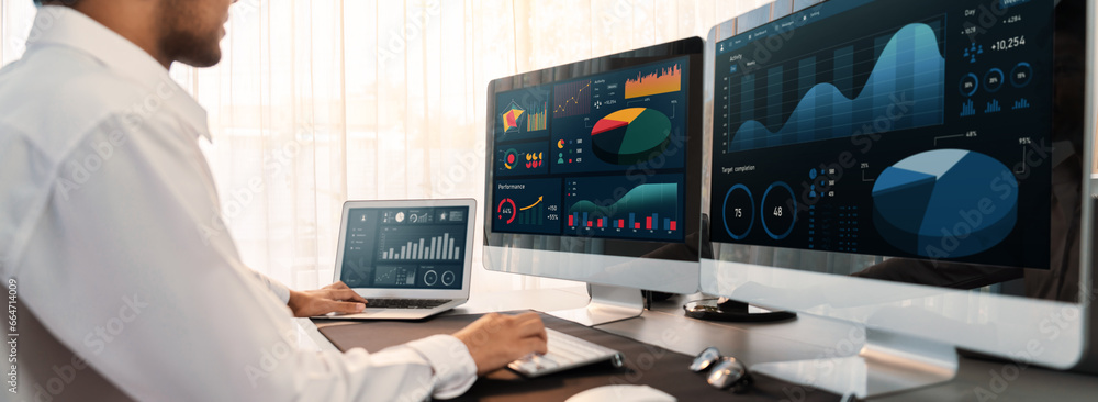 Poster analyst working on data analysis or bi dashboard on computer monitor. businessman analyzing financia