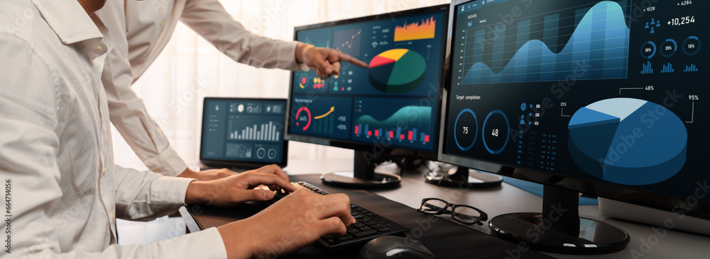 Poster analyst working on data analysis or bi dashboard on computer monitor. business team analyzing financ