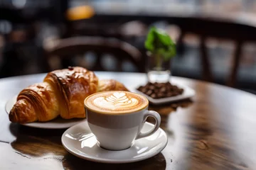 Afwasbaar Fotobehang Bakkerij croissant served with latte on a blurred cafe background