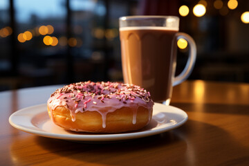 coffee with donut on a blurred cafe background