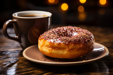 coffee with donut on a blurred cafe background