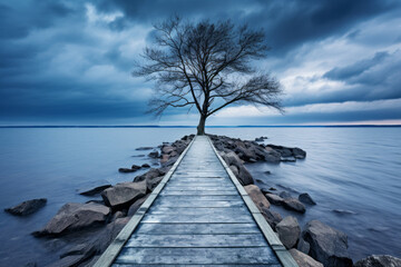 A wooden pier that leads towards a solitary, bare tree standing on a rocky shore, wooden planks,...