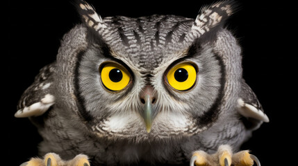 Close up of an owl’s face, large, bright yellow eyes and its feathers are gray and white isolated on black background