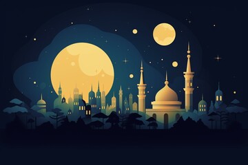 An illustration of Ramadan featuring a lovely mosque and a crescent moon. Generative AI