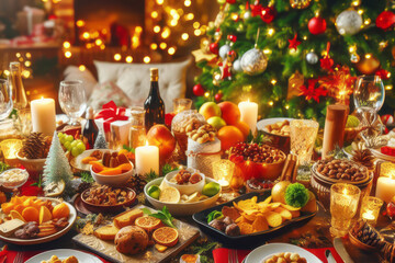 Christmas Dinner table full of dishes with food and snacks, New Year's decor with a Christmas tree on the background