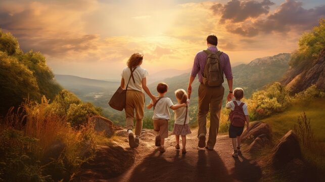 Family on a hike in the mountains. Together to new adventures