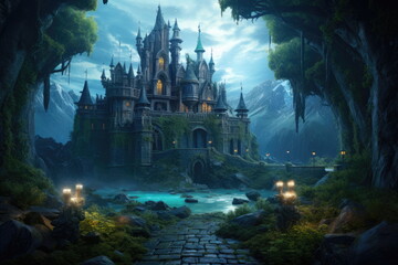 Halloween with pumpkin lantern, forest background, castle