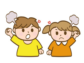 腕を振り上げて激おこの男の子と女の子_小学生低学年_幼児
