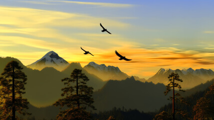 Naklejka premium A mountain landscape at sunrise, three birds flying, mountain range, valleys are filled with fog, trees